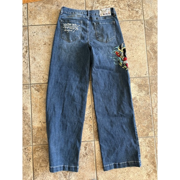 Ed Hardy Y2K Wide Leg Embroidered Logo Jeans 28 - Picture 2 of 3